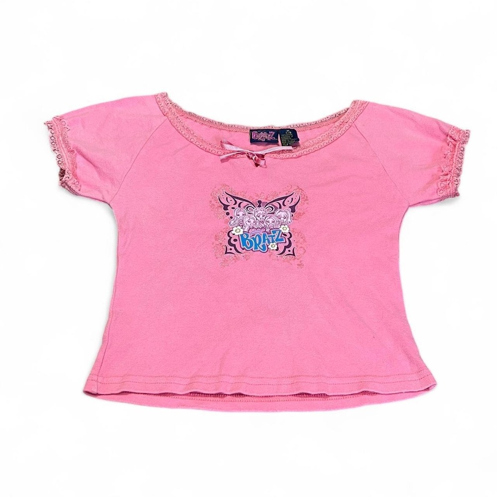 y2k 2007 Bratz pink baby tee with butterfly design and bow detail